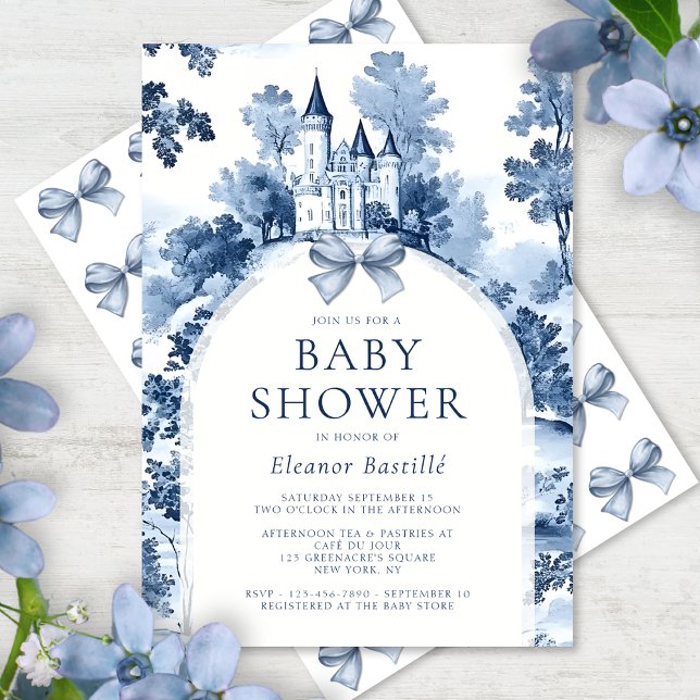 Invitation Dusty Toile Bleue De Jouy Baby shower français (Créateur téléchargé)