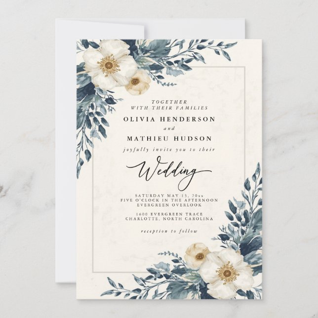 Invitation Dusty Turquoise Botanical Whimsy Mariage (Devant)