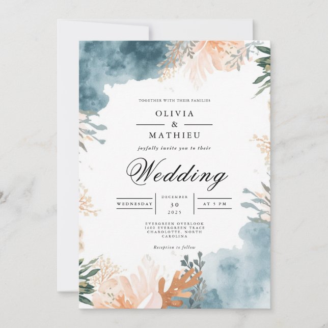Invitation Dusty Turquoise Floral Mariage Abstrait (Devant)
