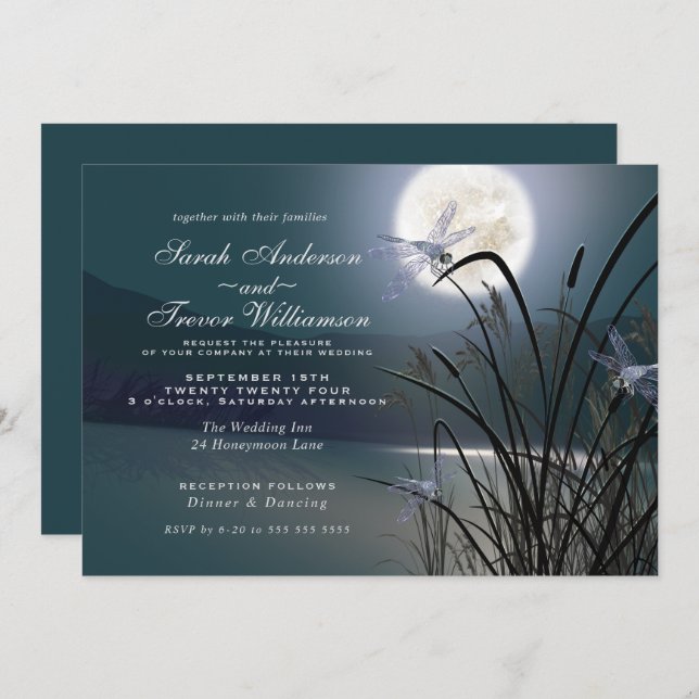 Invitation Dusty Turquoise Mariage Pleine lune dragonfly Pond (Devant / Derrière)