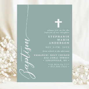 Invitation Dusty Turquoise Simple Script moderne Baptême