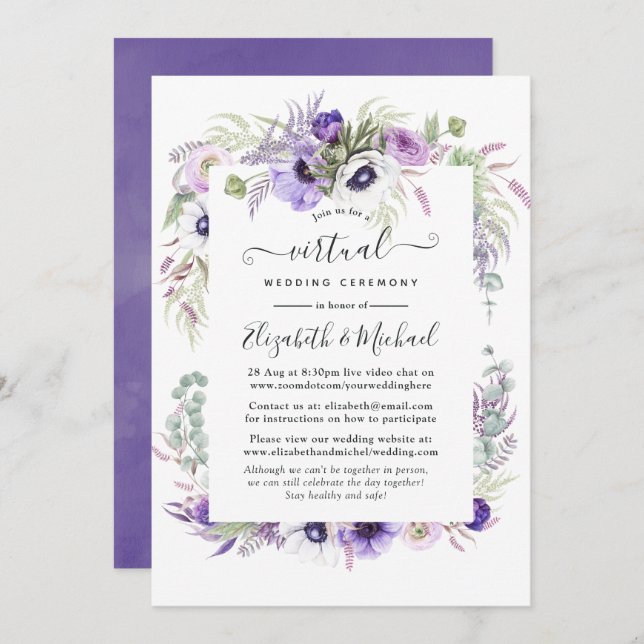 Invitation Dusty Violet aquarelle Floral Mariage virtuel (Devant / Derrière)