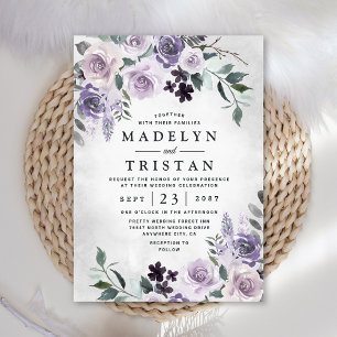 Invitation Dusty violet et gris argenté Floral Mariage rustiq