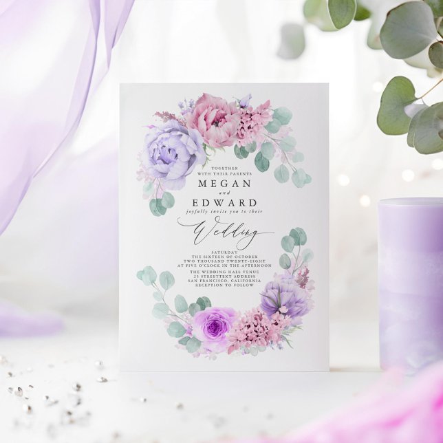 Invitation Dusty violet et rose Floral Elegant Boho Mariage (Dusty Purple and Pink Floral Wedding Invitations)