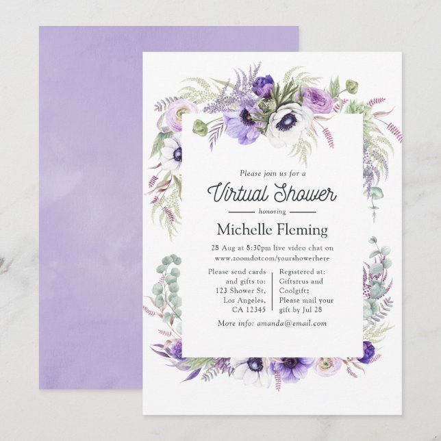 Invitation Dusty Violet Floral Baby shower virtuel (Devant / Derrière)