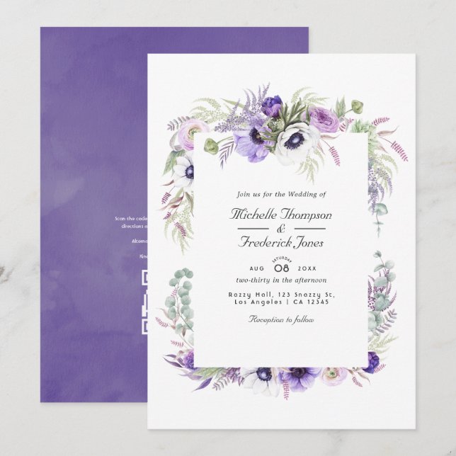 Invitation Dusty Violet Floral QR Code RSVP Mariage (Devant / Derrière)