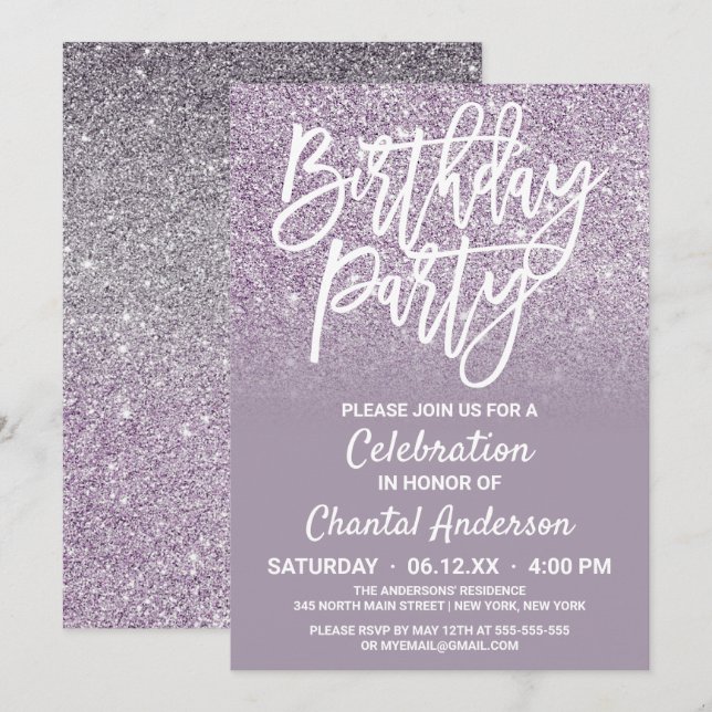 Invitation Dusty violet gris Faux Parties scintillant Ombre A (Devant / Derrière)
