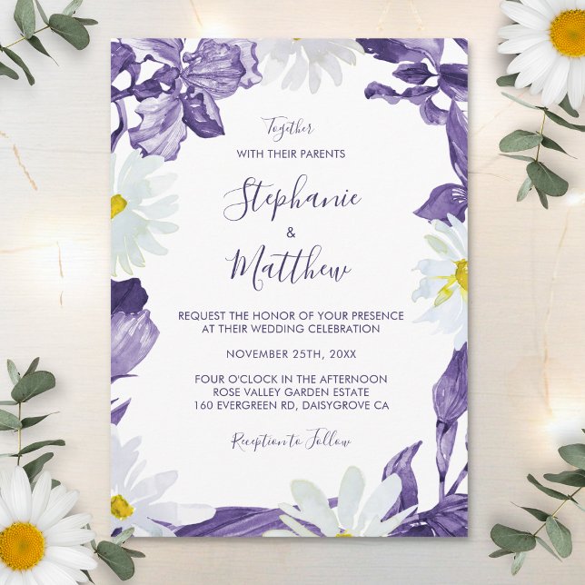 Invitation Dusty violet Iris blanc marguerite Mariage botaniq (Créateur téléchargé)
