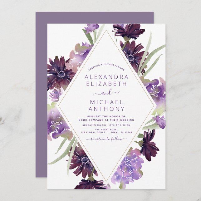 Invitation Dusty violet Mariage Floral verdure (Devant / Derrière)