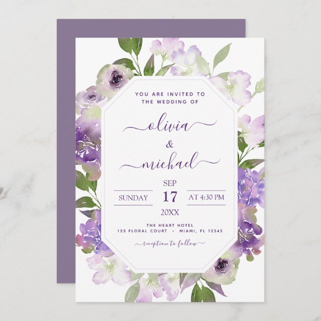 Invitation Dusty violet Mariage Floral verdure (Devant / Derrière)