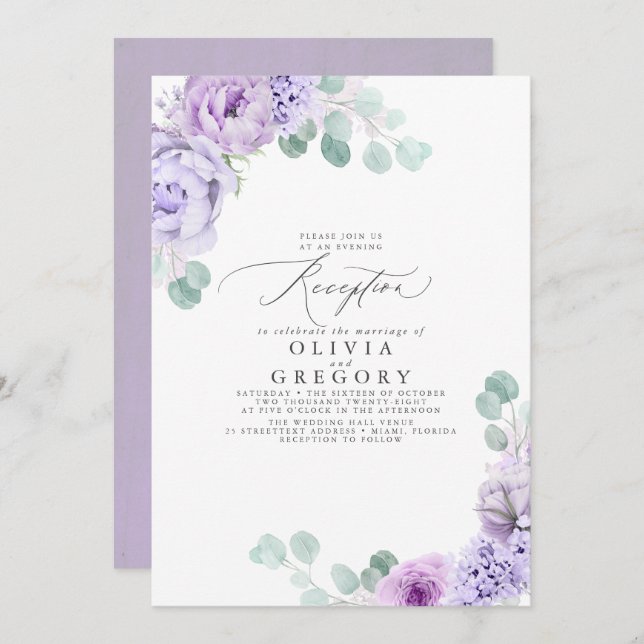 Invitation Dusty Violet Romantique Mariage réception du soir (Devant / Derrière)