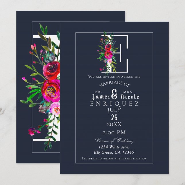 Invitation E Monogramme Dernière Initiale Moderne Bleu Floral (Devant / Derrière)