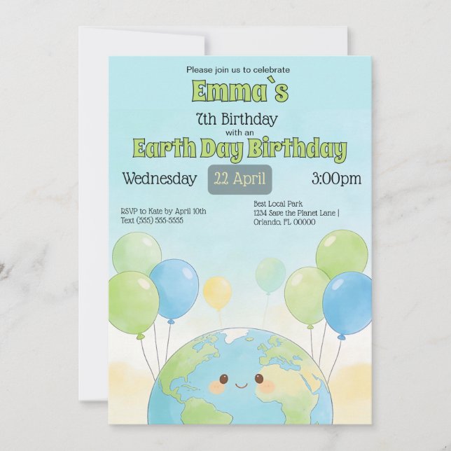 Invitation Earth Day Kids Birthday (Devant)