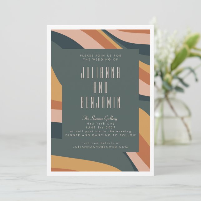 Invitation Earthy Boho Abstrait Wavy Lines Mariage en terre c (Debout devant)