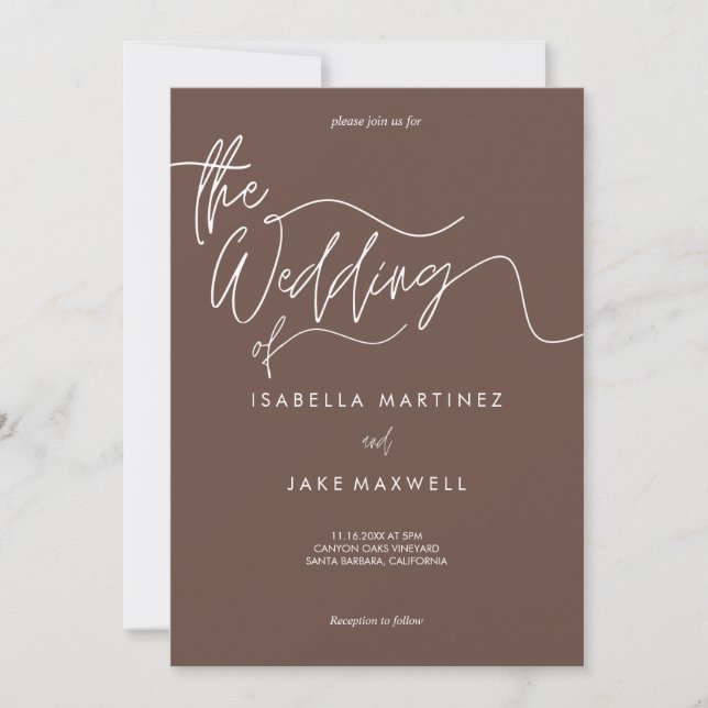 Invitation Earthy Brown & White Elegant Mariage de script (Devant)