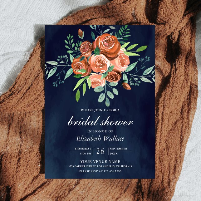 Invitation Earthy Burnt Orange Roses Navy Blue Bridal Shower (Créateur téléchargé)
