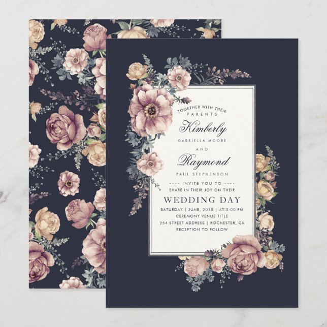 Invitation Earthy Dusty Rose et Navy Blue Floral Mariage (Devant / Derrière)
