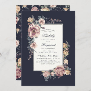 Invitation Earthy Dusty Rose et Navy Blue Floral Mariage