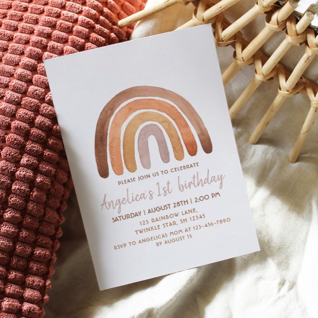 Invitation Earthy Tone Watercolor Rainbow 1st Birthday (Créateur téléchargé)