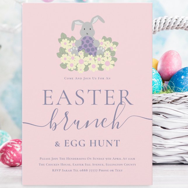 Invitation Easter Brunch and Egg Hunt Cute Bunny Pink (Cute easter bunny egg hunt and brunch spring party pink invitation whimsical elegant modern script)