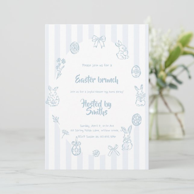 Invitation Easter Brunch Vintage Blue Bunny Spring Family  (Debout devant)