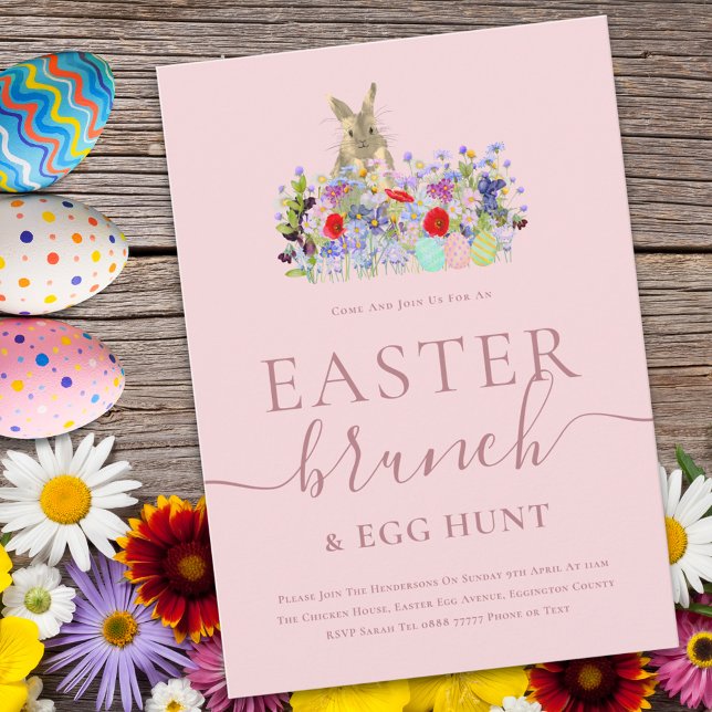 Invitation Easter Bunny and Wildflowers Egg Hunt and Brunch (Easter brunch and egg hunt cute bunny watercolor wildflower spring party pink invitation )