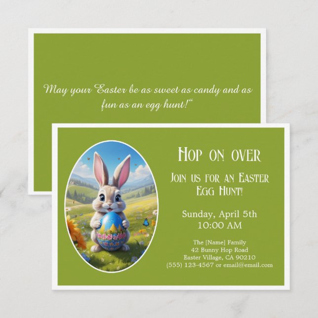 Invitation Easter bunny | Egg Hunt  | Hop on over | green -  (Devant / Derrière)