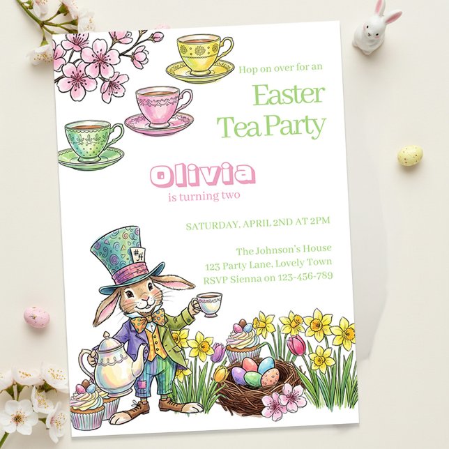 Invitation Easter Bunny Tea Party Any Age Kids Birthday  (Kids Easter Garden Tea Party and Egg Hunt Invitation)