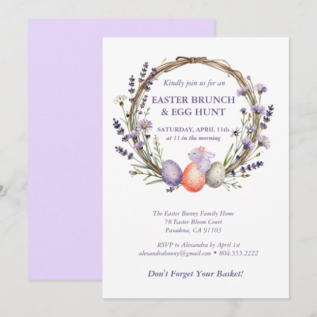 Invitation Easter Egg Hunt Watercolor Lavender Cute Bunny (Devant / Derrière)