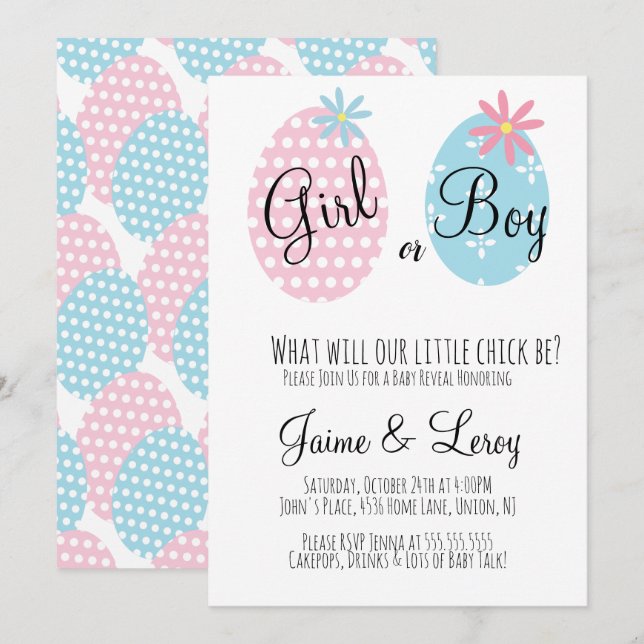 Invitation Easter Eggs Gender Reveal Girl or Boy (Devant / Derrière)