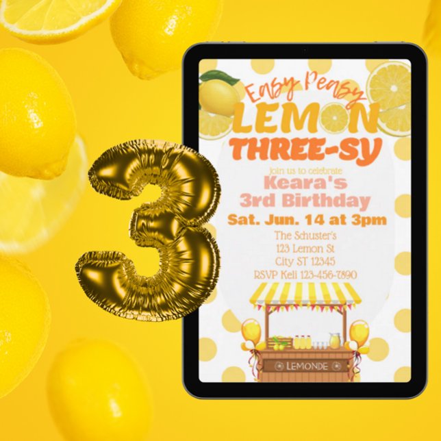Invitation Easy Peasy Lemon Three-sy, Lemon 3rd Birthday (Créateur téléchargé)