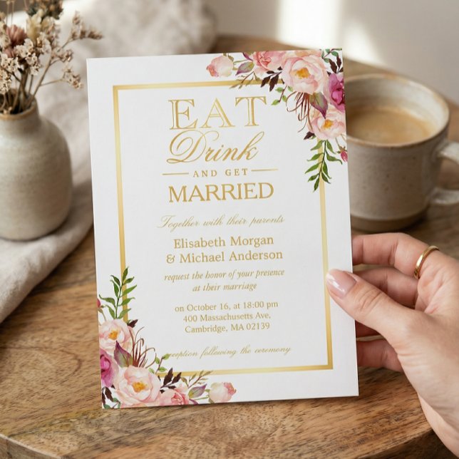 Invitation EAT Boire et être marié Chic Gold Floral Mariage (Créateur téléchargé)