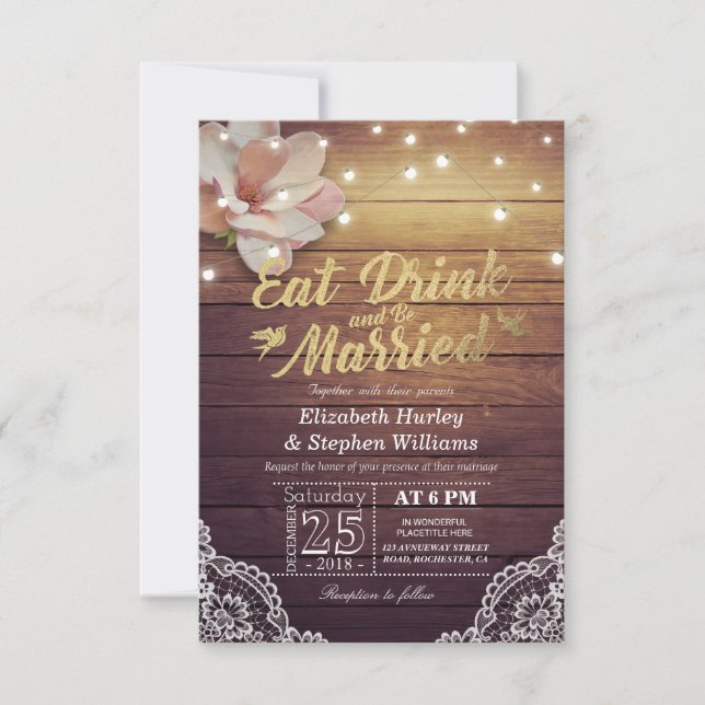 Invitation EAT Boire et être marié Mariage Floral Rustic Wood (Devant)
