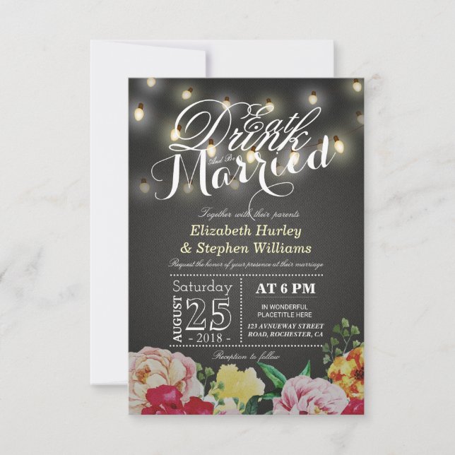Invitation EAT Boire et être marié String Light Chic Floral (Devant)