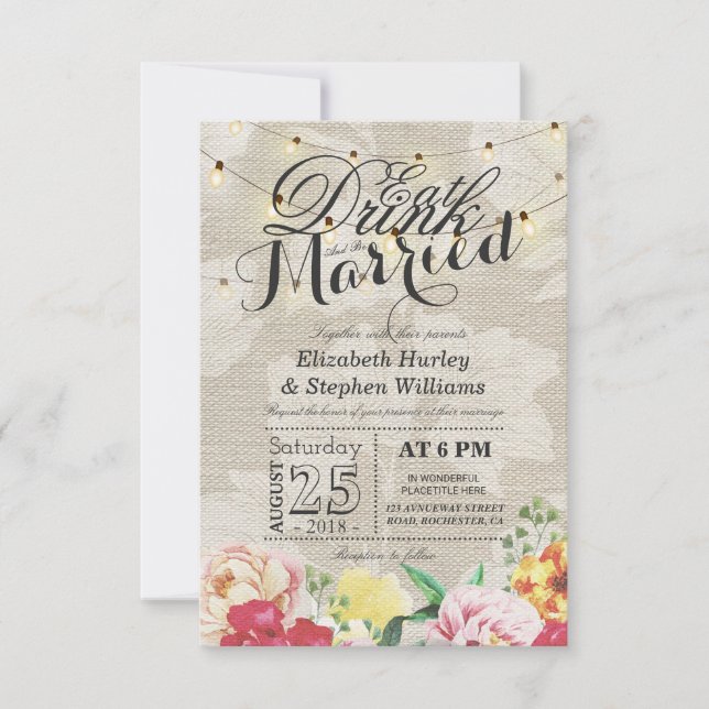 Invitation EAT Boire et être marié String Light Chic Floral (Devant)