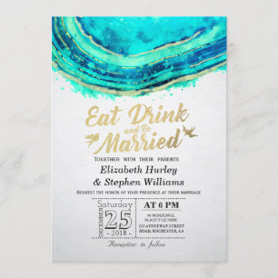 Invitation EAT Boire être marié Mariage Turquoise Gold Agate 