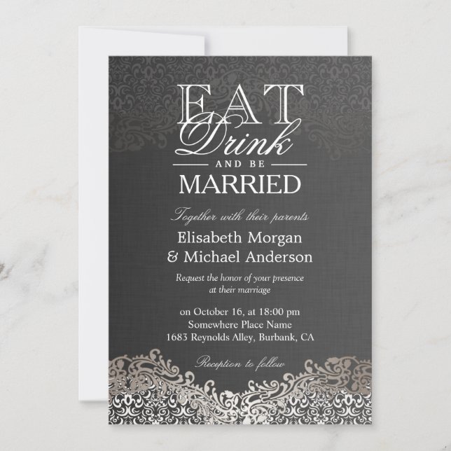 Invitation EAT Drink and Be Married Elegant Silver Damask (Devant)