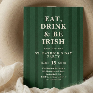 Invitation Eat Drink Be Irish St Patricks Party Stripes