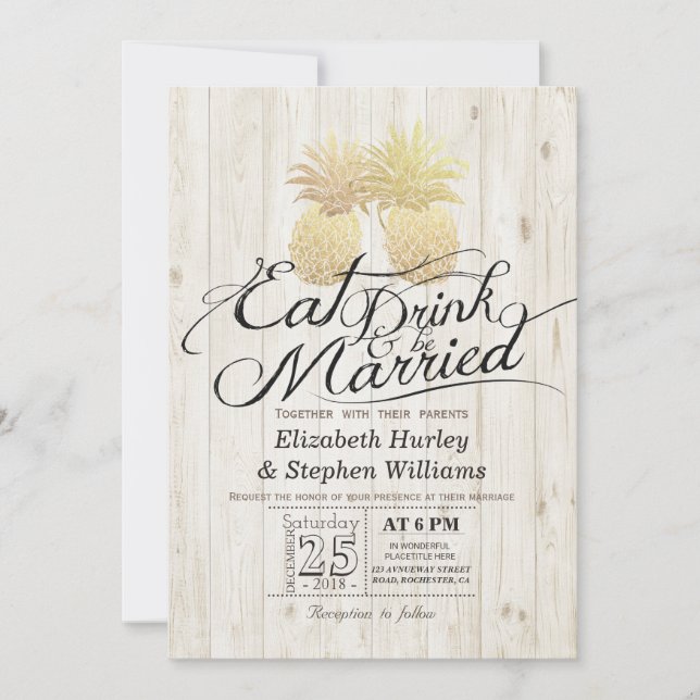 Invitation EAT Drink Be Marié Mariage Gold Pineapple Couple (Devant)