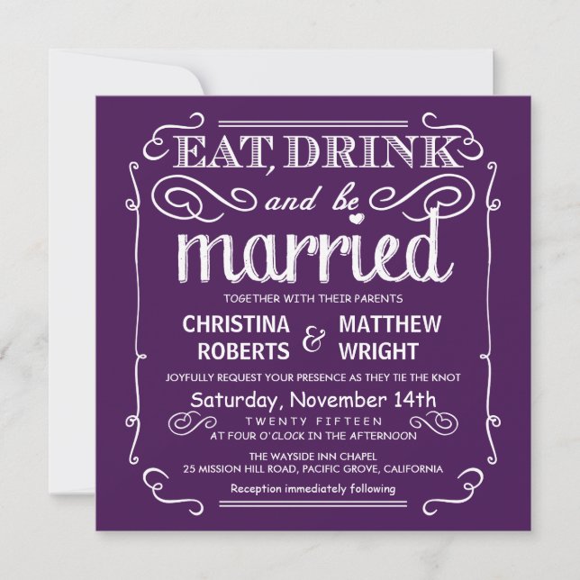 Invitation Eat Drink be Married Wedding Invite - Eggplant (Devant)