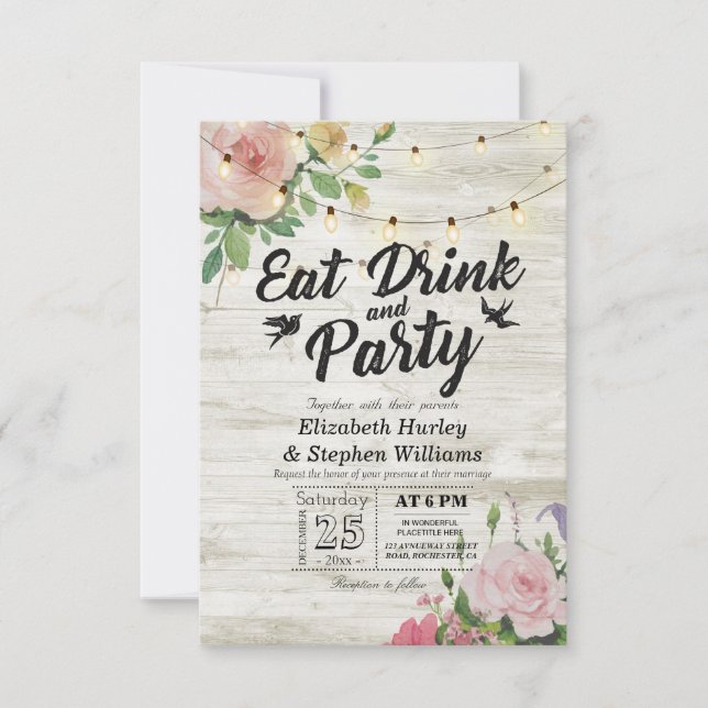 Invitation EAT Drink Party Rustique Floral String Mariage (Devant)