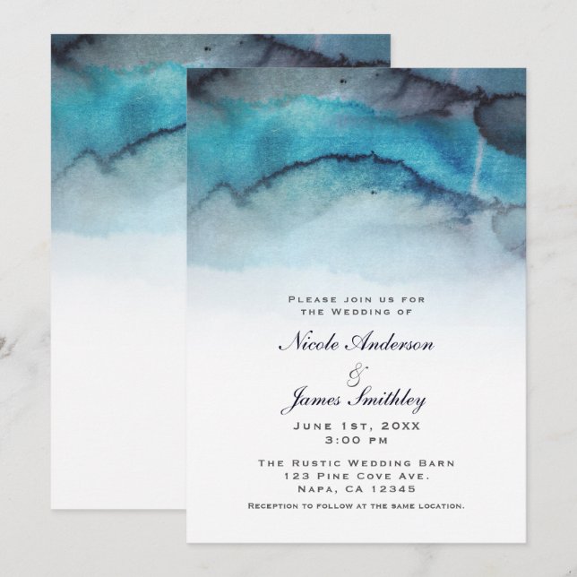 Invitation Eau aquarelle bleu marine Vagues abstraites de la  (Devant / Derrière)