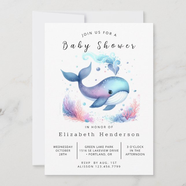Invitation Eau Baby shower à baleines imprimable (Devant)