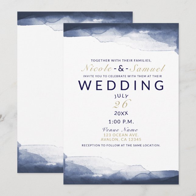 Invitation Eau bleu marine aquarelle mariage moderne chic (Devant / Derrière)