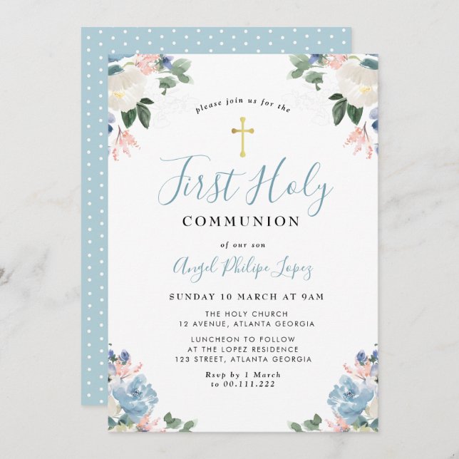 Invitation eau bleue fleurie première communion sainte (Devant / Derrière)