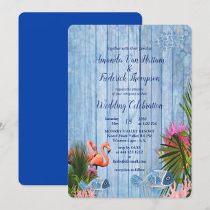 Invitation Eau bleue Galets & Flamants roses roses