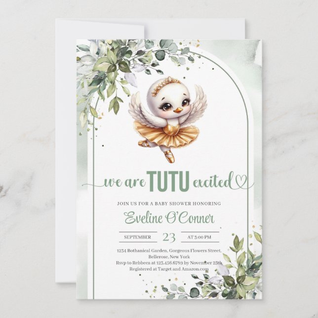 Invitation Eau couleur cygne avec robe tutu or eucalyptus (Devant)