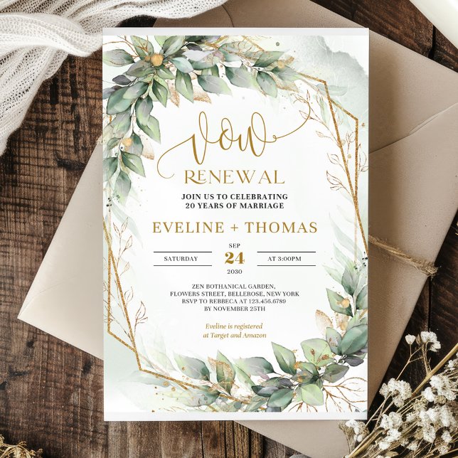 Invitation Eau-couleur eucalyptus feuilles et renouvellement  (Watercolor eucalyptus leaves and gold vow renewal invitation template)
