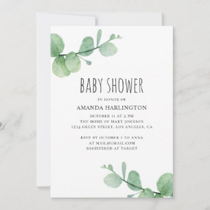 Invitation Eau-couleur vert eucalyptus. Baby shower verdoyant