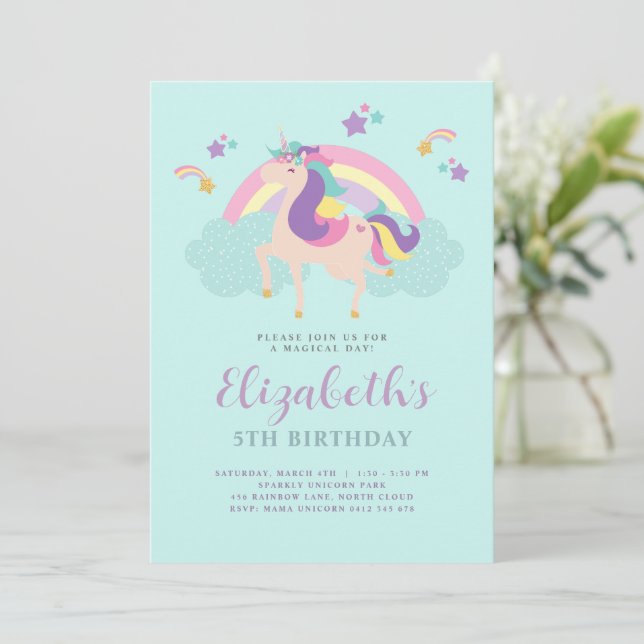 Invitation Eau | Cute Rainbow Unicorn Personnalisé Anniversai (Debout devant)